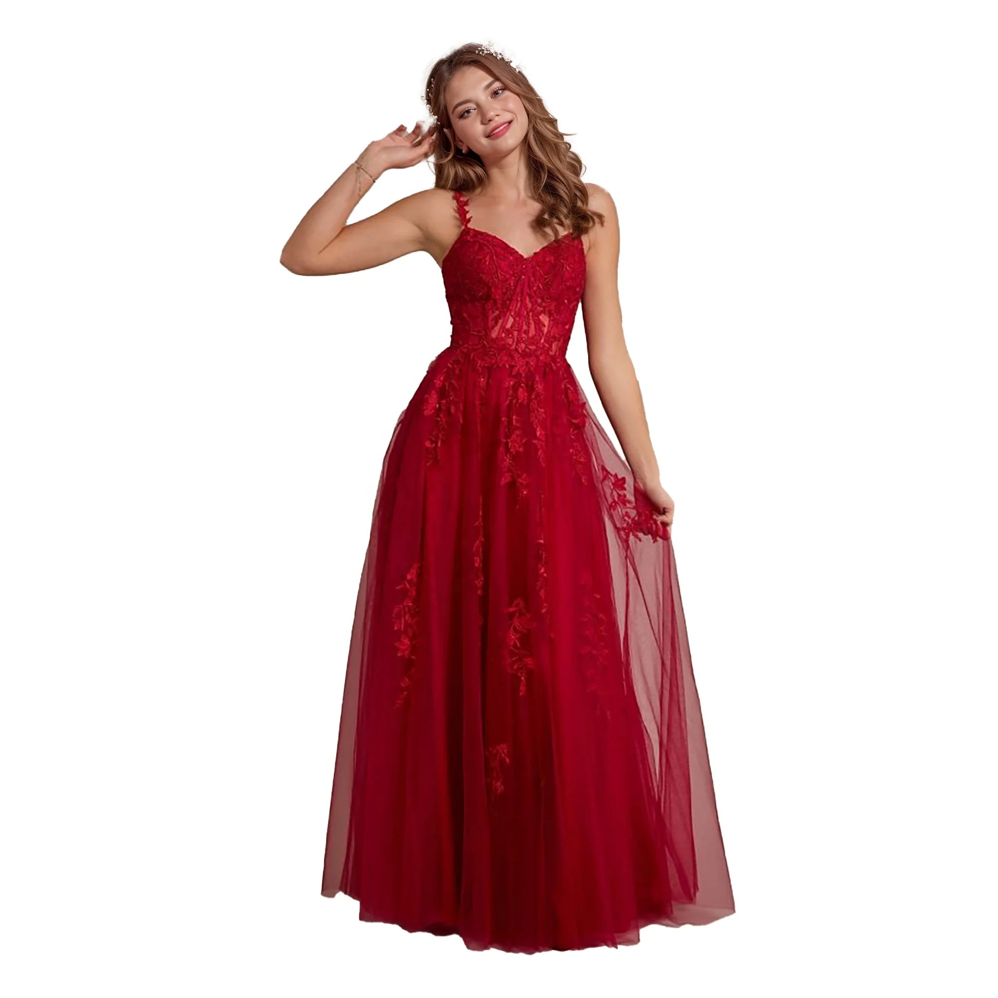 Bohemian Floral Applique Wedding Dress Ball Gown with Illusion Corset Backless Design and Ruffle Decoration
