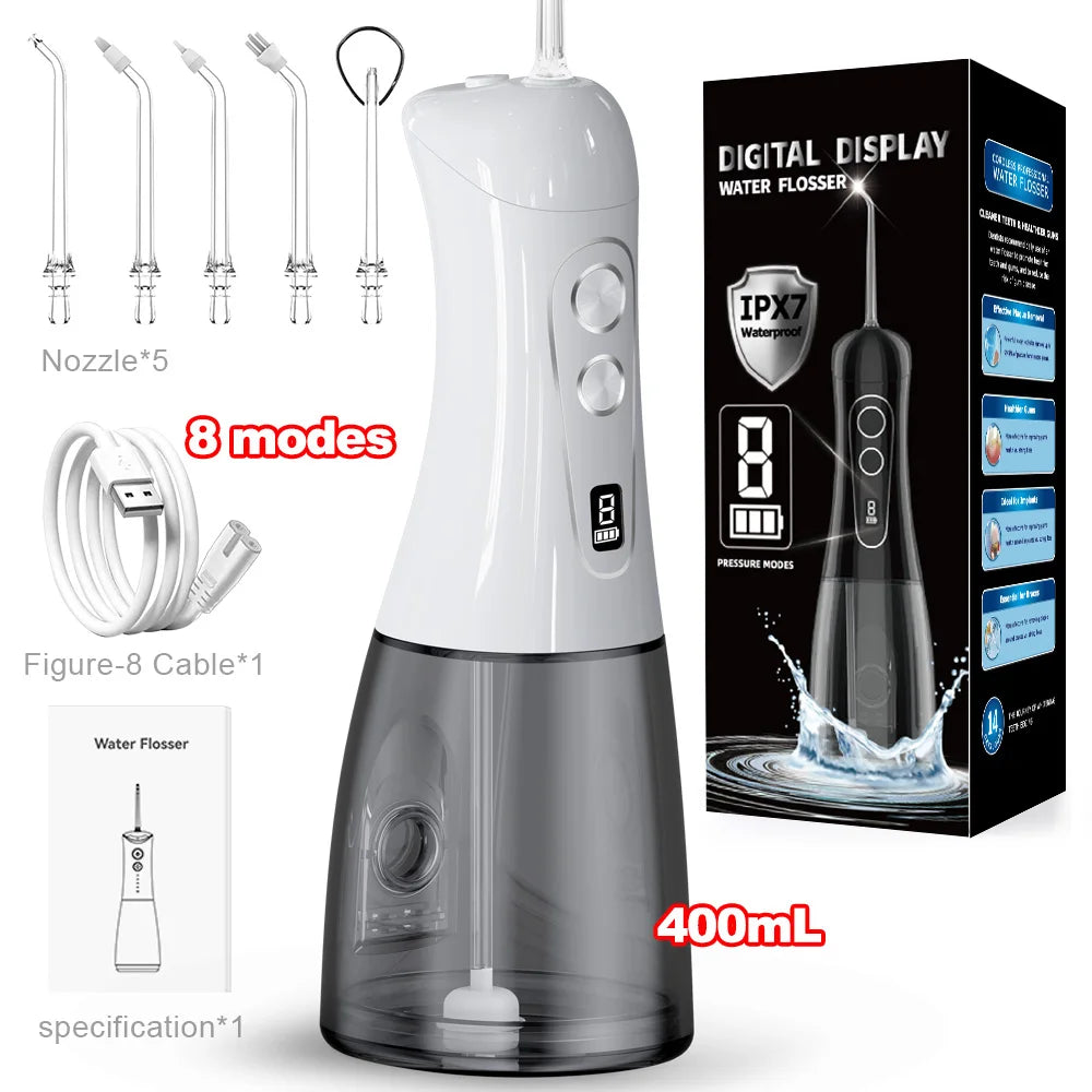 Portable 400ML Cordless Electric Toothbrush & Gum Cleaner 8-Mode for Oral Irrigator with USB Power for Household & RV Use