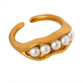 Dainty Waterproof Jewelry Rings 18K Gold Plated Stainless Steel Pea Pods Design White Pearl Open Rings for Women Gift YF3373