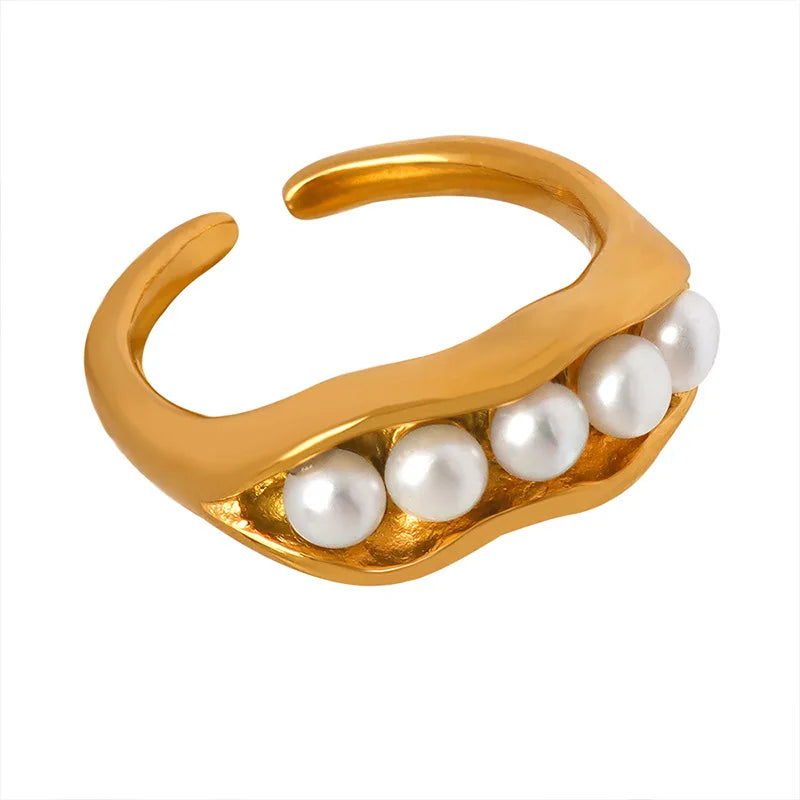 Dainty Waterproof Jewelry Rings 18K Gold Plated Stainless Steel Pea Pods Design White Pearl Open Rings for Women Gift YF3373