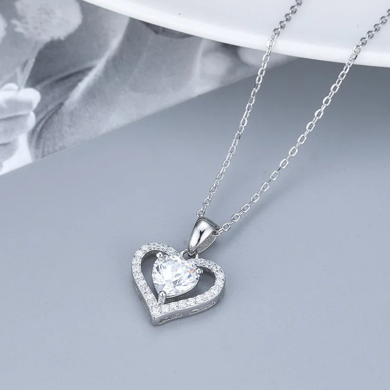 Hainon Women's Zircon Double Hearts Pendant Jewelry Love Necklace Fashionable Crystal S925 Silver Necklace