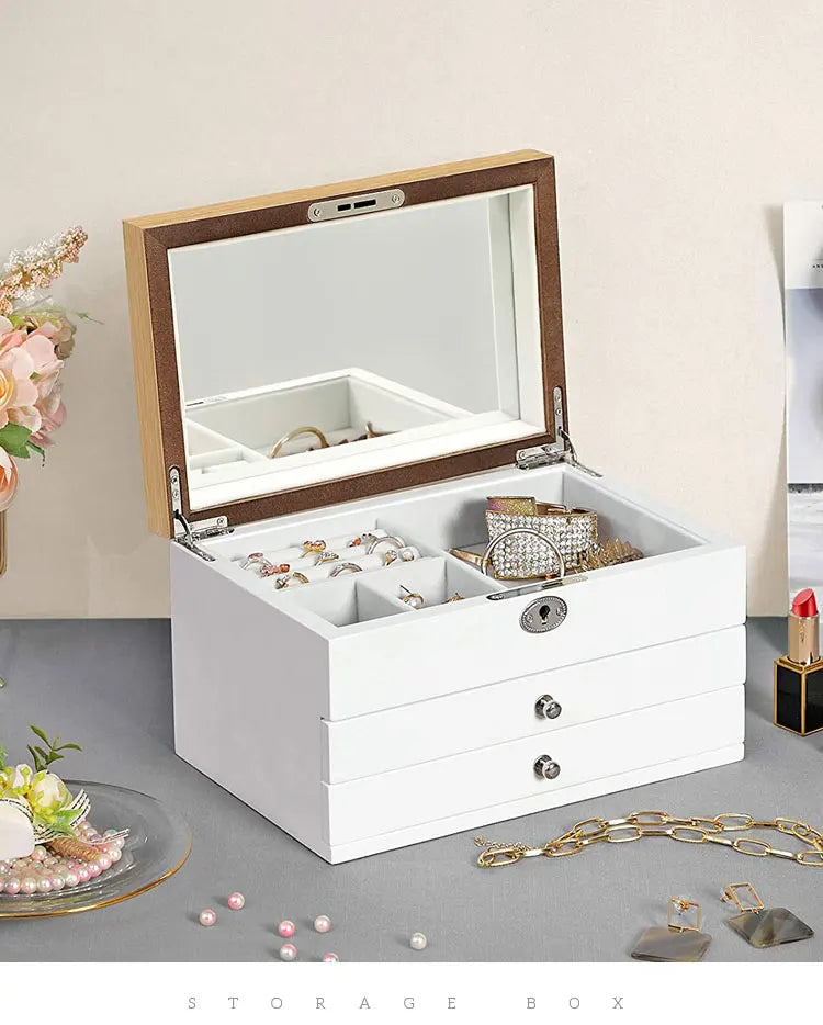 Lacquer Wooden Jewelry Box 3 Layers  Mirrored Watch Organizer Necklace Ring Earring Storage Lockable Gift Case