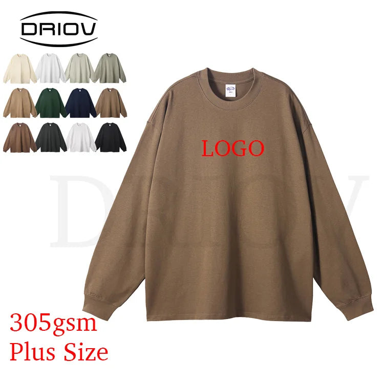 Custom 305g Long Sleeve T-Shirt Unisex 100Cotton Long Luxury Tshirt Custom Plus Size Blank Plain Long Sleeve Washed T-Shirts