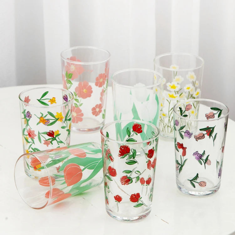 Wholesale Cheap Price Hot Design Flower Fresh Printing Water Tea Juice Transparent Glass Cup