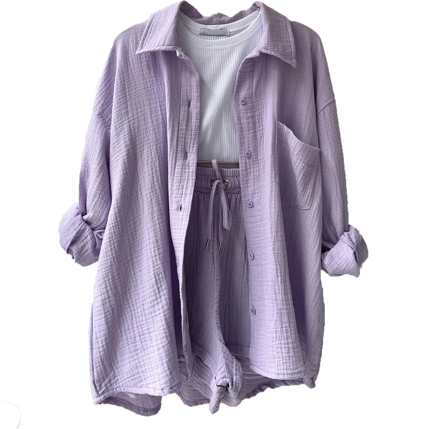 Women'S Ruffle Collar Shirt High Waist Drawstring Shorts Combination of Fashion Casual Two-Piece Women'S Clothing