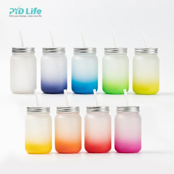 PYD Life Wholesale 15oz 450ml Frosted Glass Sublimation Blanks Gradient Mason Jar Sublimation Tumbler with Lid and Straw