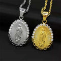 Factory Wholesale Oval Virgin Mary Pendant Religious Stainless Steel Rhinestone 18k Gold Plated Necklace for Women Men