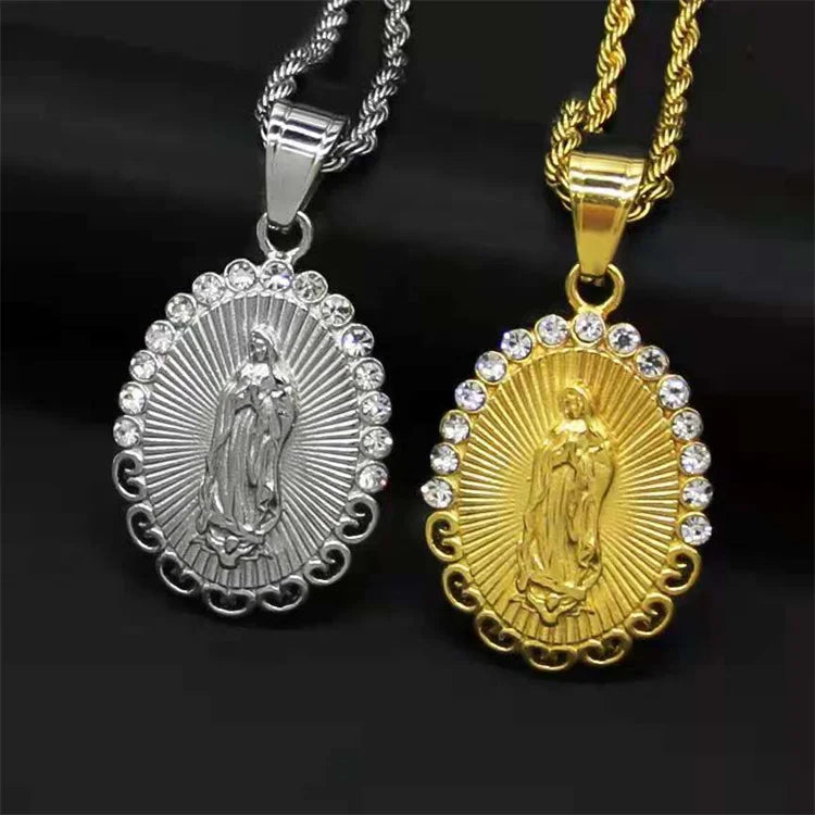 Factory Wholesale Oval Virgin Mary Pendant Religious Stainless Steel Rhinestone 18k Gold Plated Necklace for Women Men