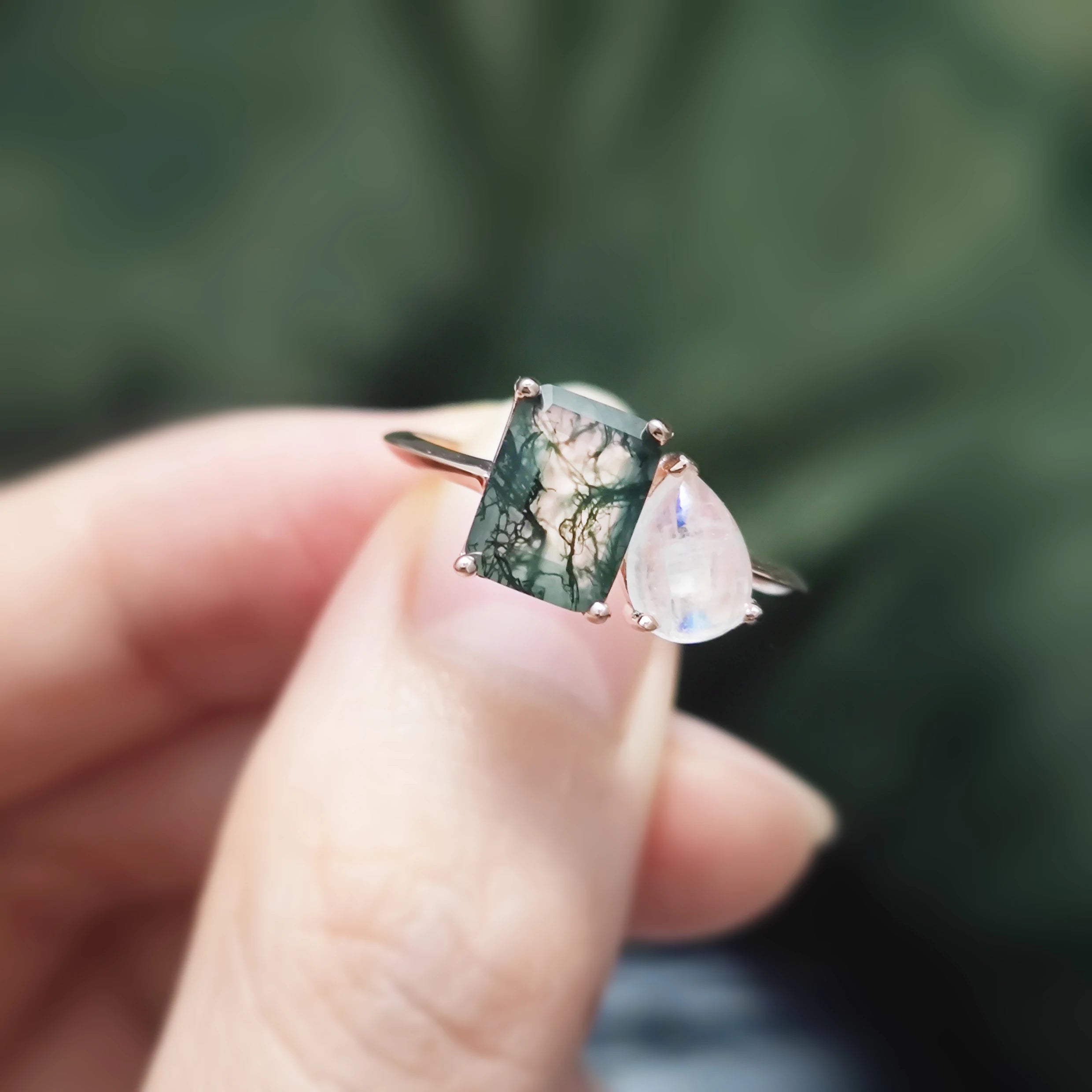 OL1037 Abiding Jewelry 925 Sterling Silver Pear Shape Moonstone Emerald Cut Moss Agate Ring for Engagement