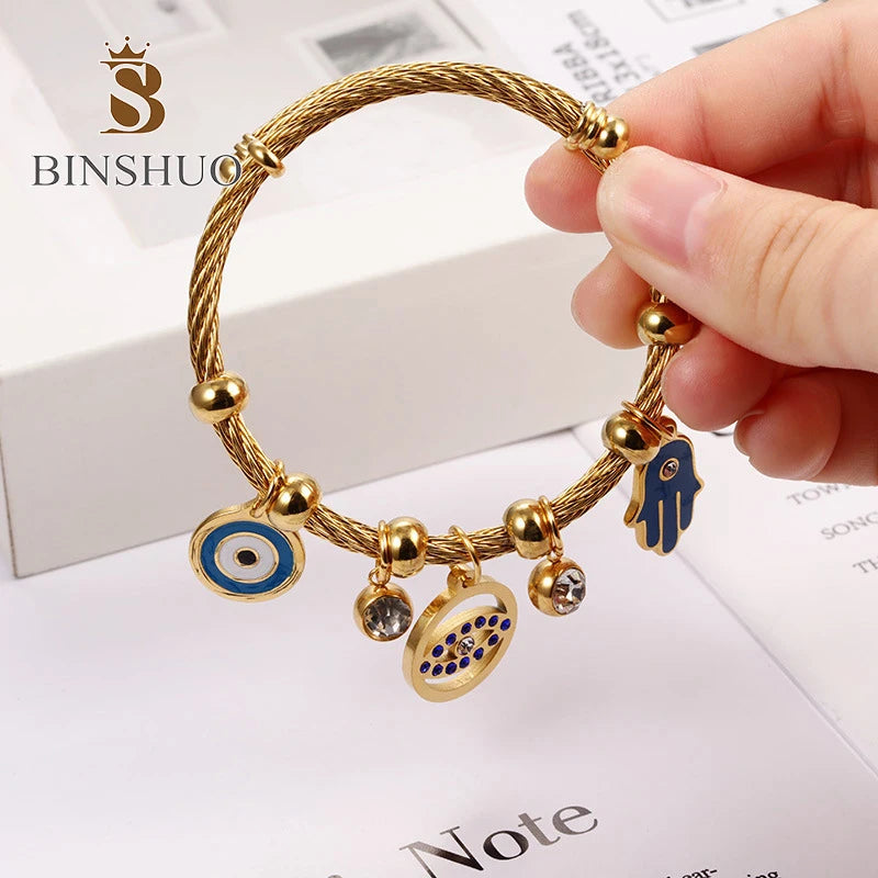 BINSHUO Stainless Steel Adjustable Cable Bracelet Twist Bangle Gemstone Zircon Turkish Evil Blue Eye Gold Chain Bracelet