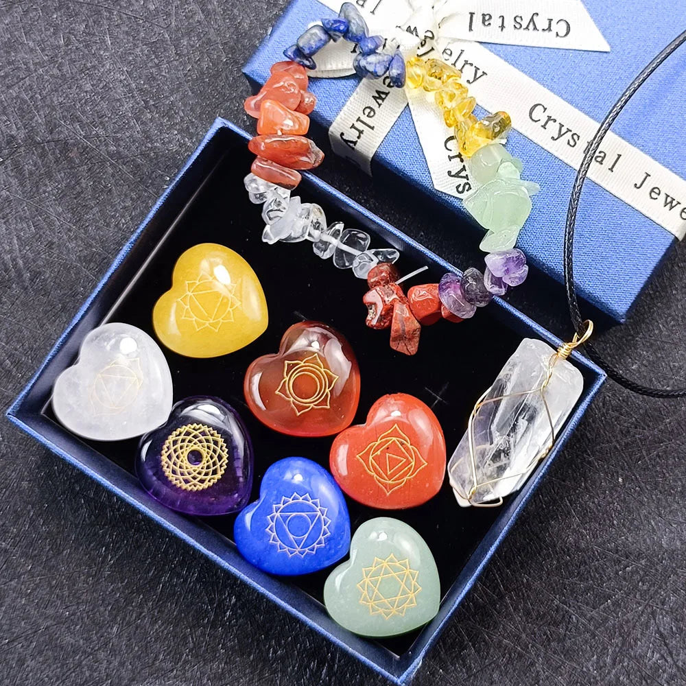Colorful Chakra Heart Shape Gemstone Jewelry Set With Healing Crystal Hexagonal Pendant and Gravel Stone Bracelet