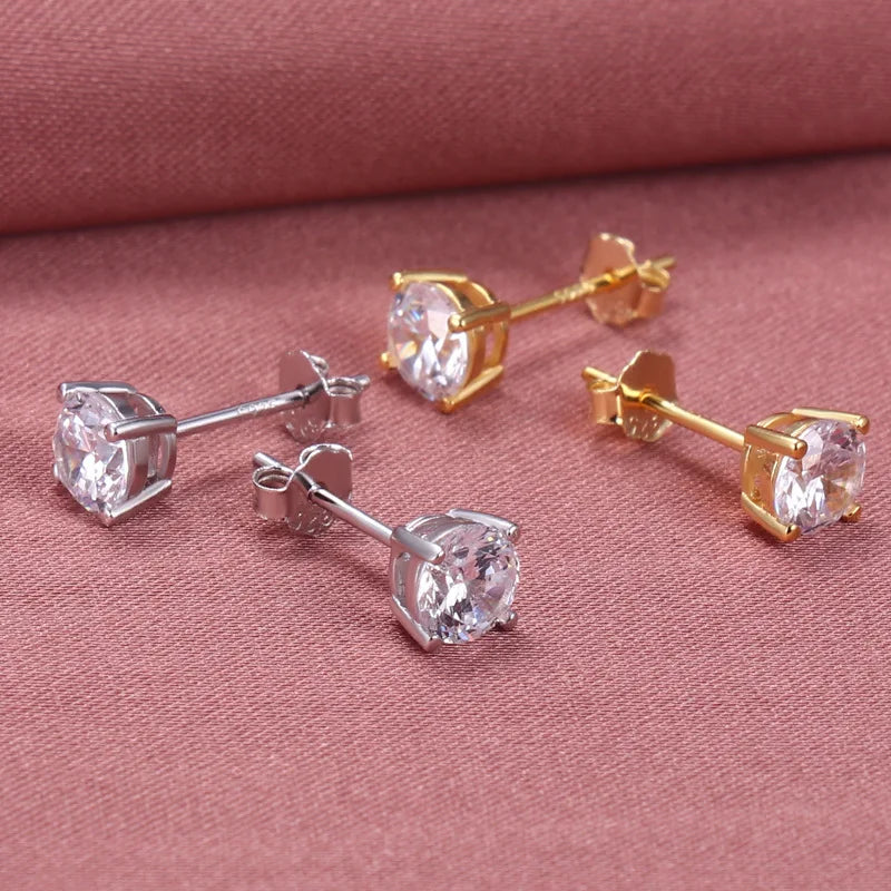 3mm 4mm 5mm 6mm 7mm 8mm Round 3A CZ 4 Prongs Gold Plated 925 Sterling Silver Stud Earrings