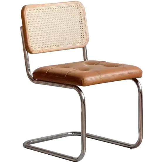 Brown PU Leather Upholstered Side Chairs Rattan Cane Woven Mesh with Chrome Metal Legs for Dining in Kitchens & Restaurants