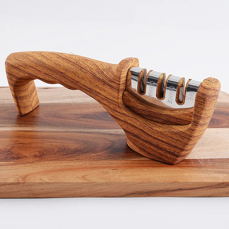 Wooden Handle Carbide 3 Stages Handheld Japanese Manual Professional Diamond Kitchen Knife Sharpener System
