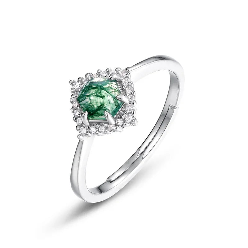 Natural Green Moss Agate Gemstone Silver Ring Drop Shape Jewelry for Women 925 Sterling Silver Ring