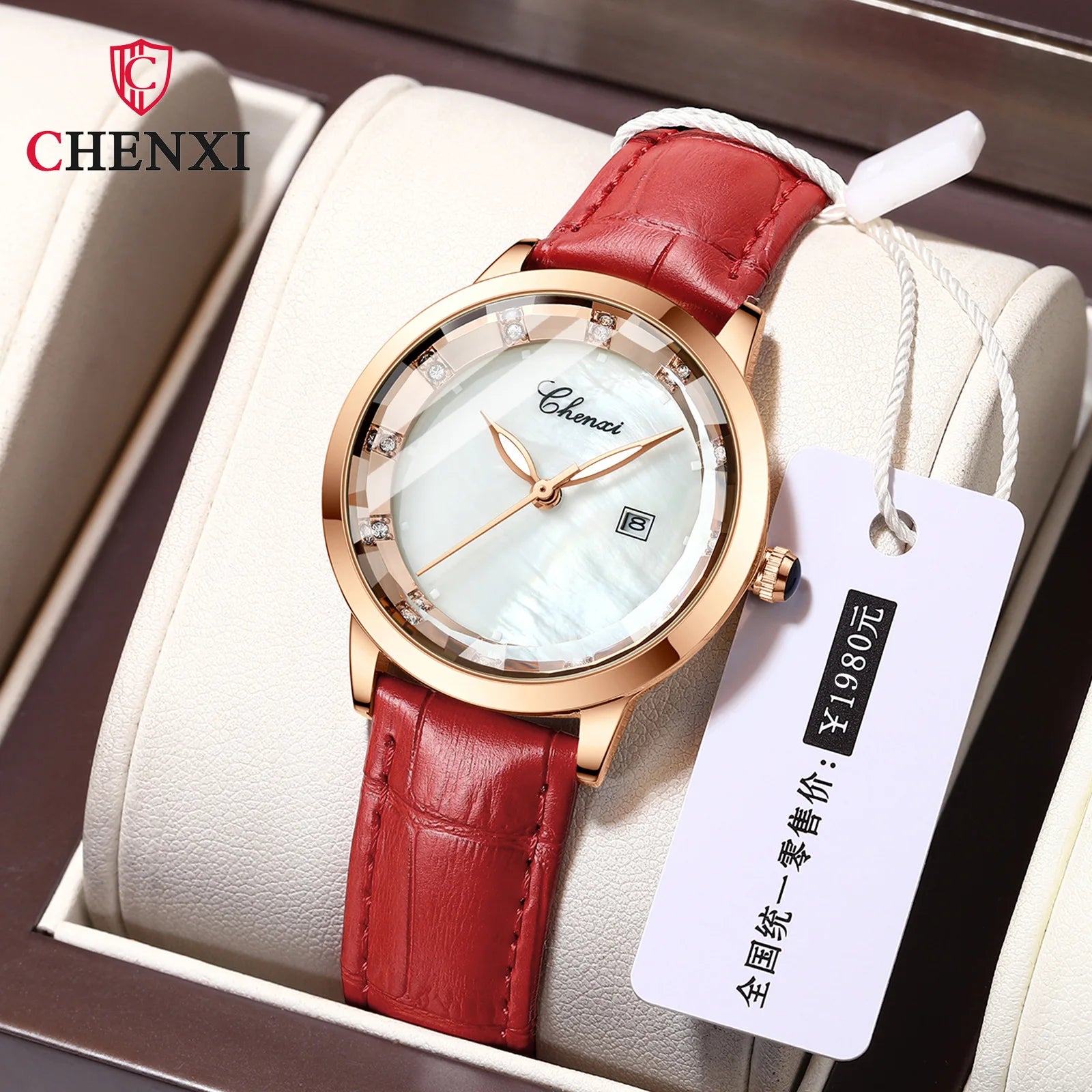 CHENXI 317 Fashion Watch Women Genuine Leather Waterproof Diamond Inlaid Calendar Live Quartz Watches Luxury Bracelet Women's