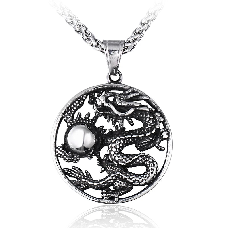 SS8-804P Steel Soldier Dragon Play Bead Stainless Steel Round Charm Pendant Necklace Amulet Jewelry