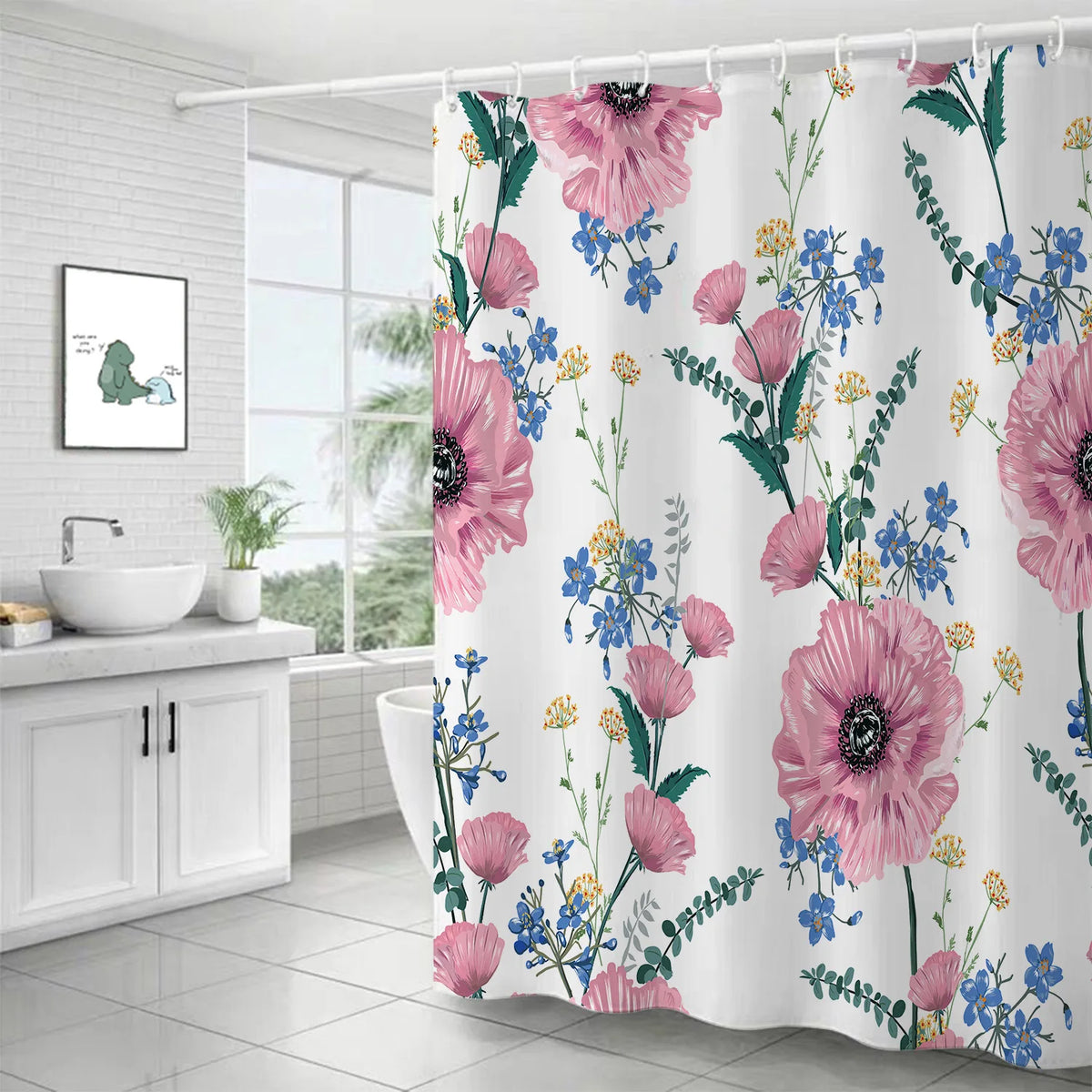 Waterproof Thick Polyester Oil Painting Flowers Leaves Shower Curtain Bathroom Accessories in Pastoral Style Bath Rug Mat Set MegaBDM