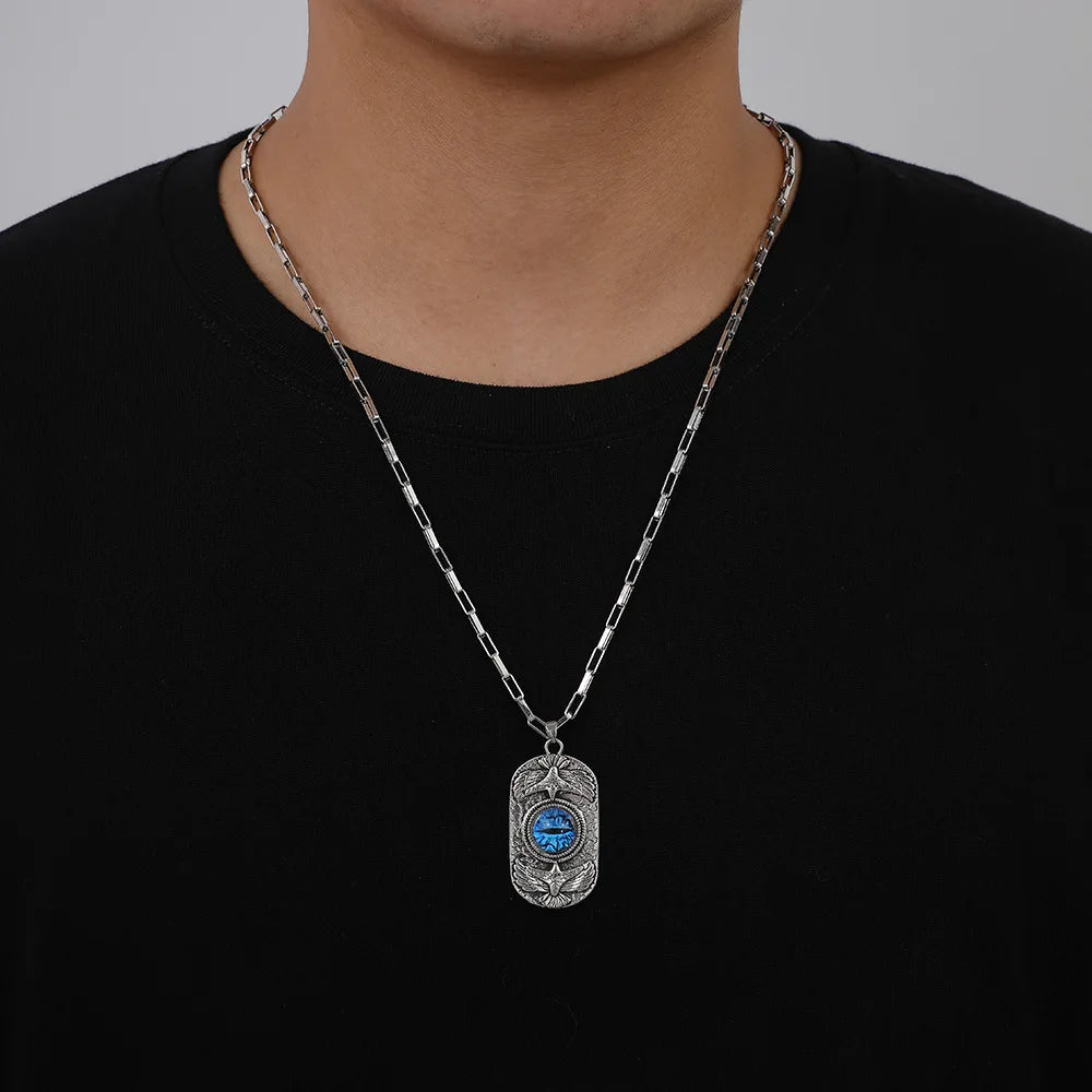 Vintage Punk Style Army Tag Evil Eyes Pendant Necklace Trendy Stainless Steel Christian Link Vintage Turkish Evil Eyes Necklace