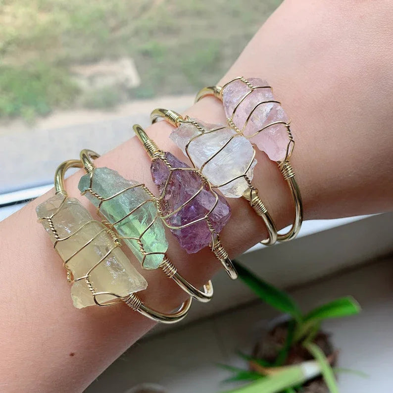 Fashion Gold Copper Wire Wrapped Jewelry Natural Raw Rough Crystal Quartz Amethyst Rose Quartz Stone Open Bangle Cuff Bracelet