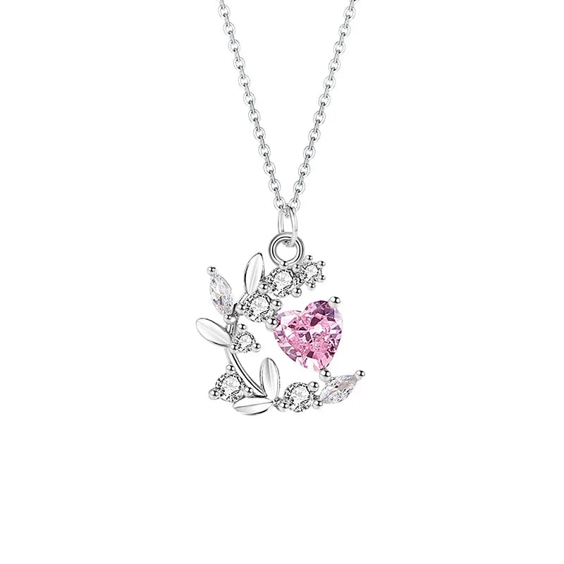 New Fashion S925 Sterling Silver Crystal pink Zircon Pendant Necklace Gift