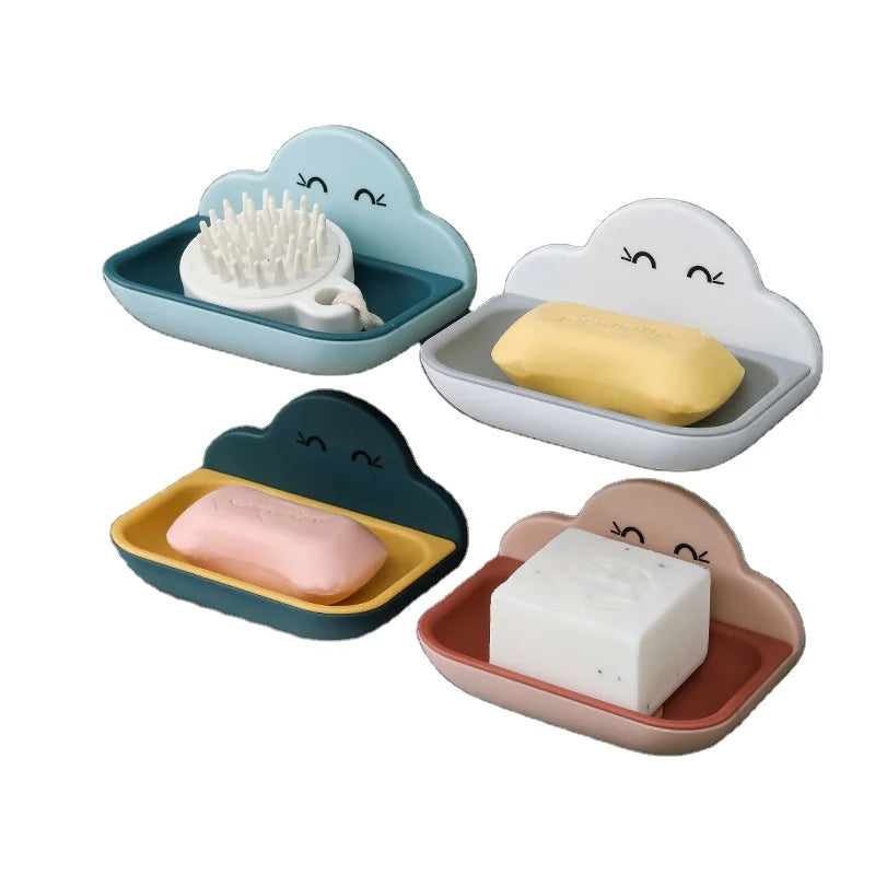 HelloWorld Creative Cloud Soap Box Wall-mounted Punch-free Soap Rack Double-layer Soap Box for Draining Sucker in Home Toilet