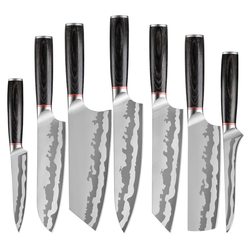 7 Pcs Kitchen Knives Set with Pakkawood Handle High Carbon Stainless Steel Chef Kiritsuke Santoku Cleaver Boning Utility Knife