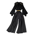 Elegance Gentle Wind Retro Stand Collar Lantern Sleeves Waist Thin Wide Leg  Fashion Cami Jumpsuit Chiffon Belted Jumpsuit
