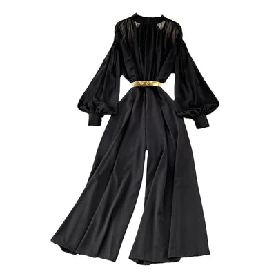Elegance Gentle Wind Retro Stand Collar Lantern Sleeves Waist Thin Wide Leg  Fashion Cami Jumpsuit Chiffon Belted Jumpsuit