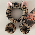 Leopard Flannel Plush Ear Women Makeup Face Wash Spa Headband Wristband Set With Ear