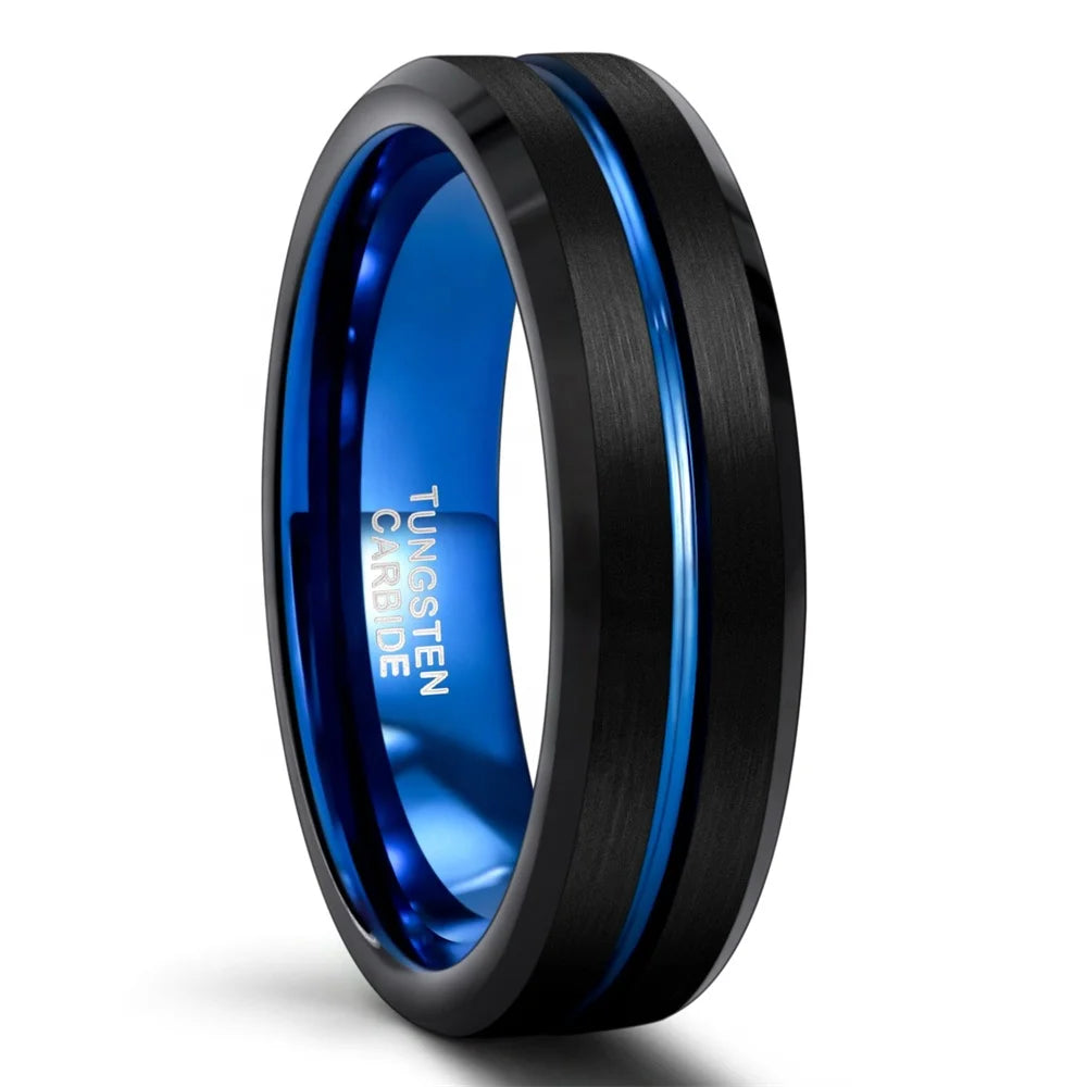 OAHLAN Hot Selling Fashion Jewelry Waterproof 6mm 8mm Men Tungsten Ring Black with Blue Line Inlay Tungsten Carbide Rings