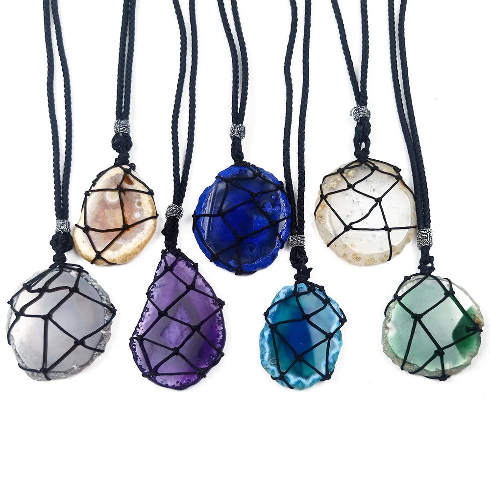 Rainbow Natural Agate Pendant Stone Crystal Necklace Multicolor Hand Woven Natural Irregular Agate Stone Necklace