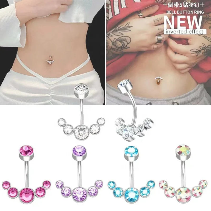 Hot Sale Stainless Steel Curved Barbell Zircon Navel Rings Color Inverted Crystal Belly Button Rings for Women