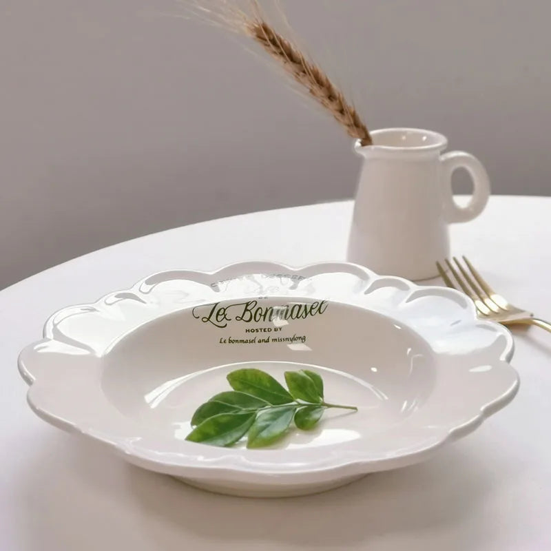 New French Vintage Cream-green Letter Ceramic Plate Irregular Lace Dessert Plate