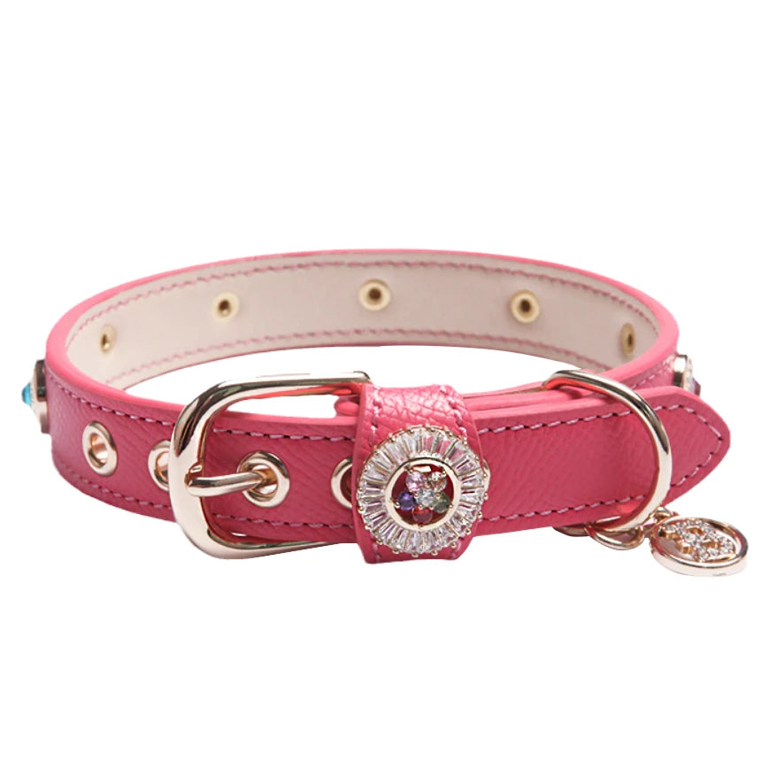 Water Drill Premium Luxury Personalized Cow Leather Dog Collar with Sun Flower Design Multi-color Options for Small Animals