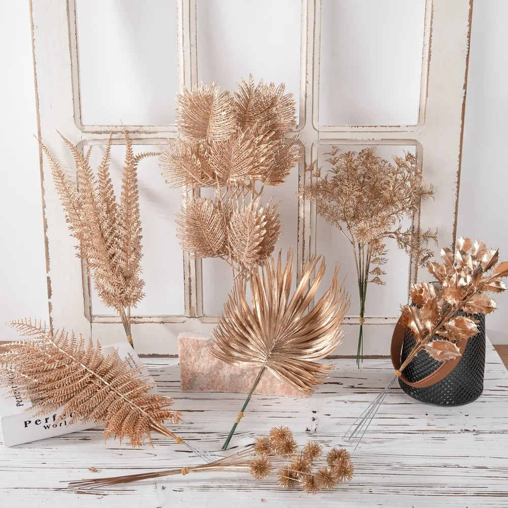 M855 Christmas Decoration Golden Series Artificial Leaves Home Bouquet Decoration Flowers Gold Plastic Artificial Plants