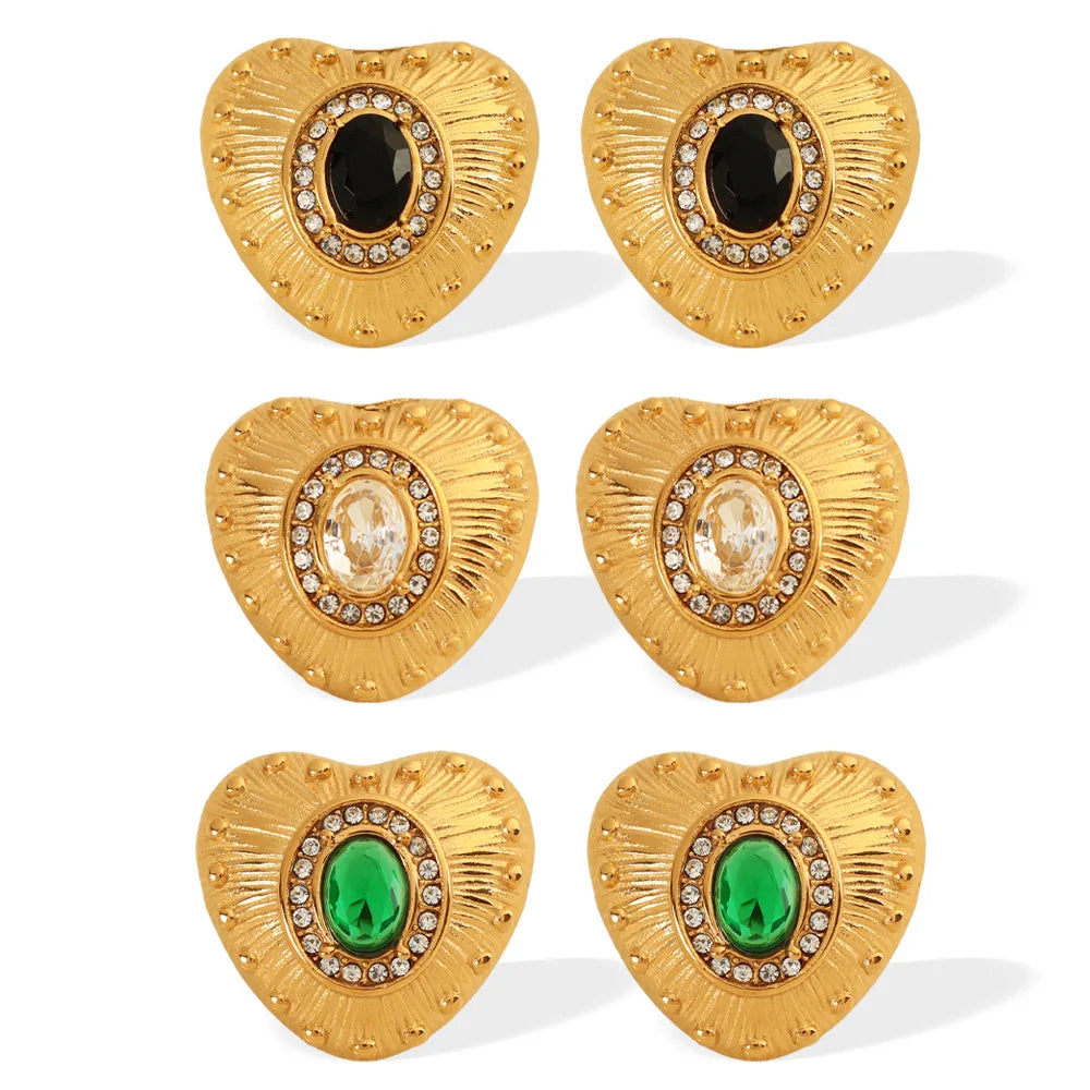 Stainless Steel Colorful Zircon Heart Square Stud Earrings for Women Vintage Jewelry Gifts Wholesale