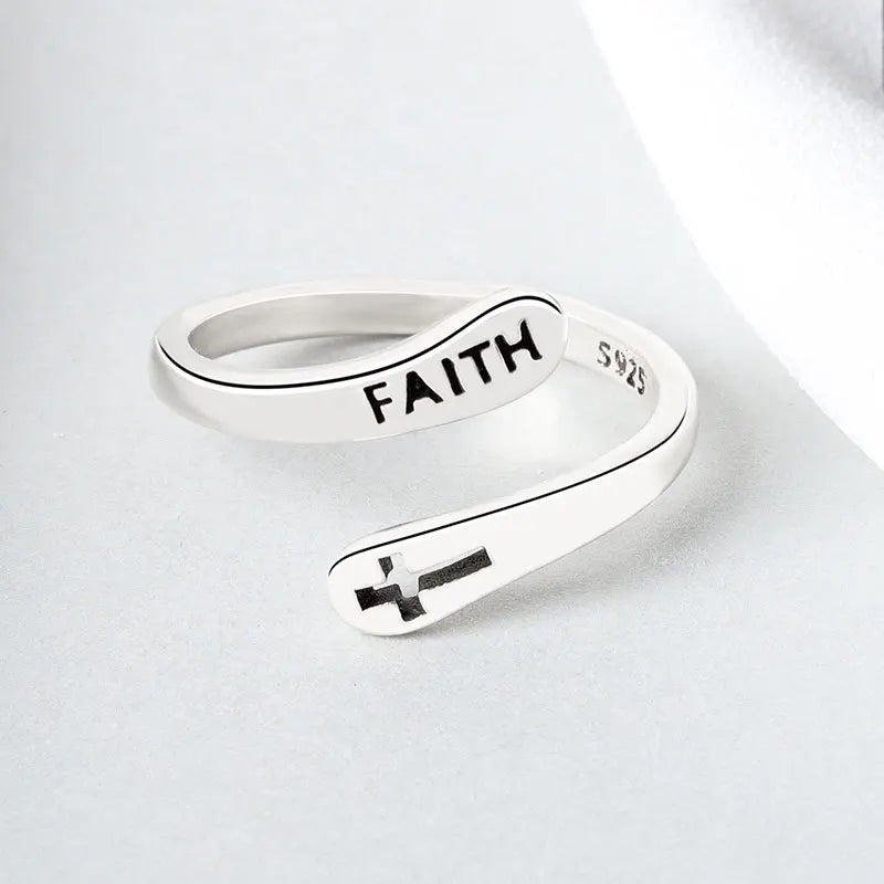 Inspiration Jewelry Gift for Women Silver Plated Letter Faith Letter Engraved Rings Spiral Wrap Twist Adjustable Ring