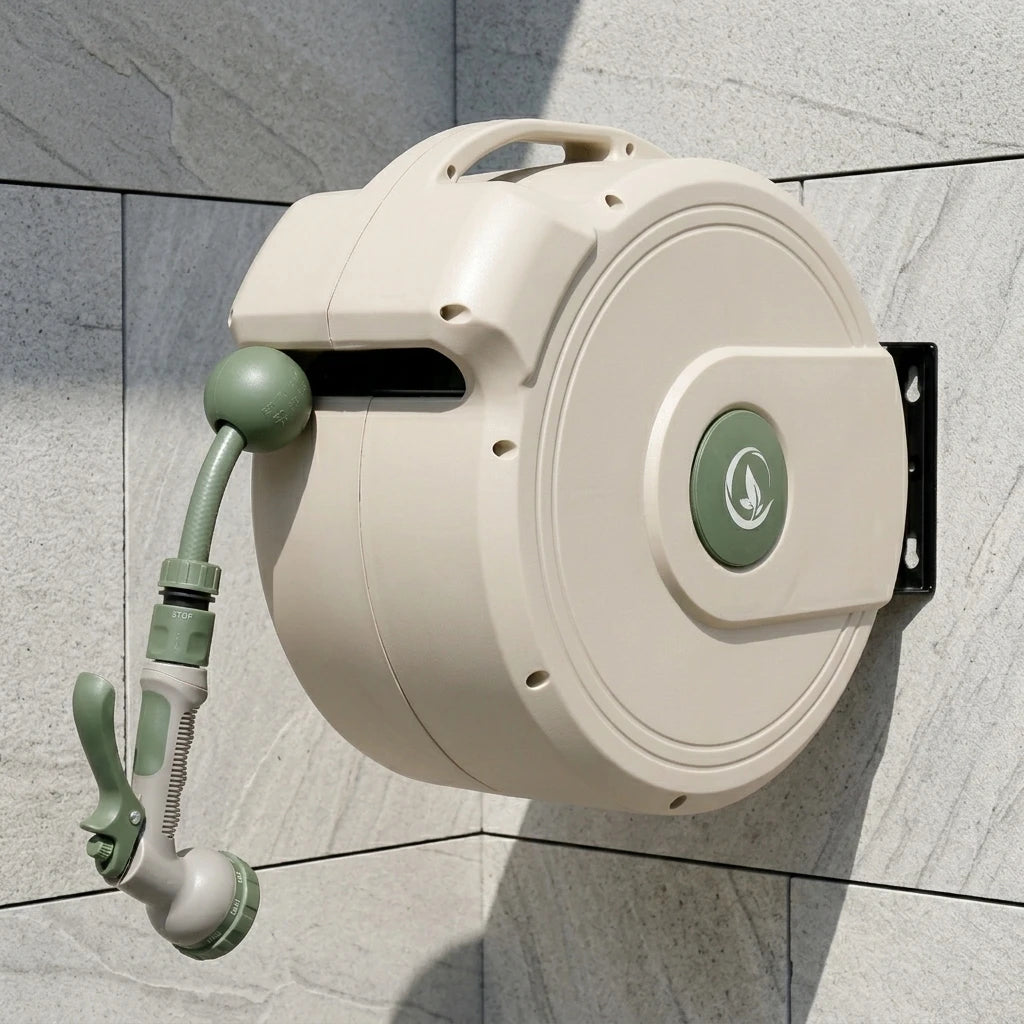 10m Rewindable Auto Rewind Garden Hose Reel Plastic PVC Anti-Abrasion Wall Mountable Water Hose