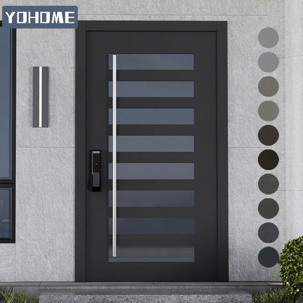 Yohome Condo Project Apartment Main Entrance Door Modern Design Aluminum Front Door with Glass Black Stainless Steel Pivot Door MegaBDM
