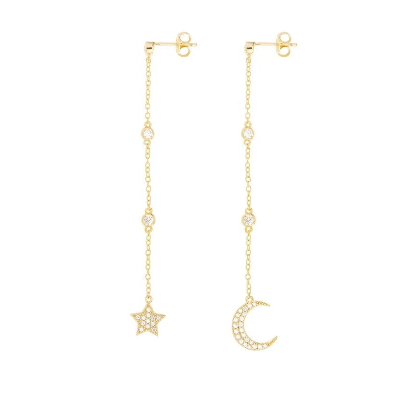 Bohemia Statement Jewelry Dangle Diamond Moon Star Long Chain Tassel Earrings 18k Gold