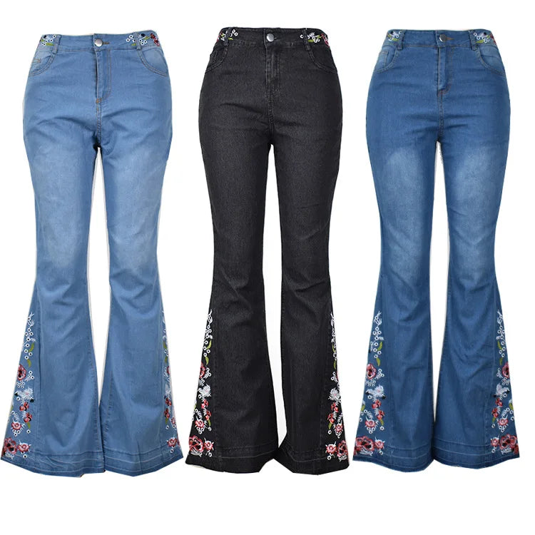 Latest Design Western Cowgirl Ladies Skinny Embroidered Flraed Jeans Trouser Manufacturers