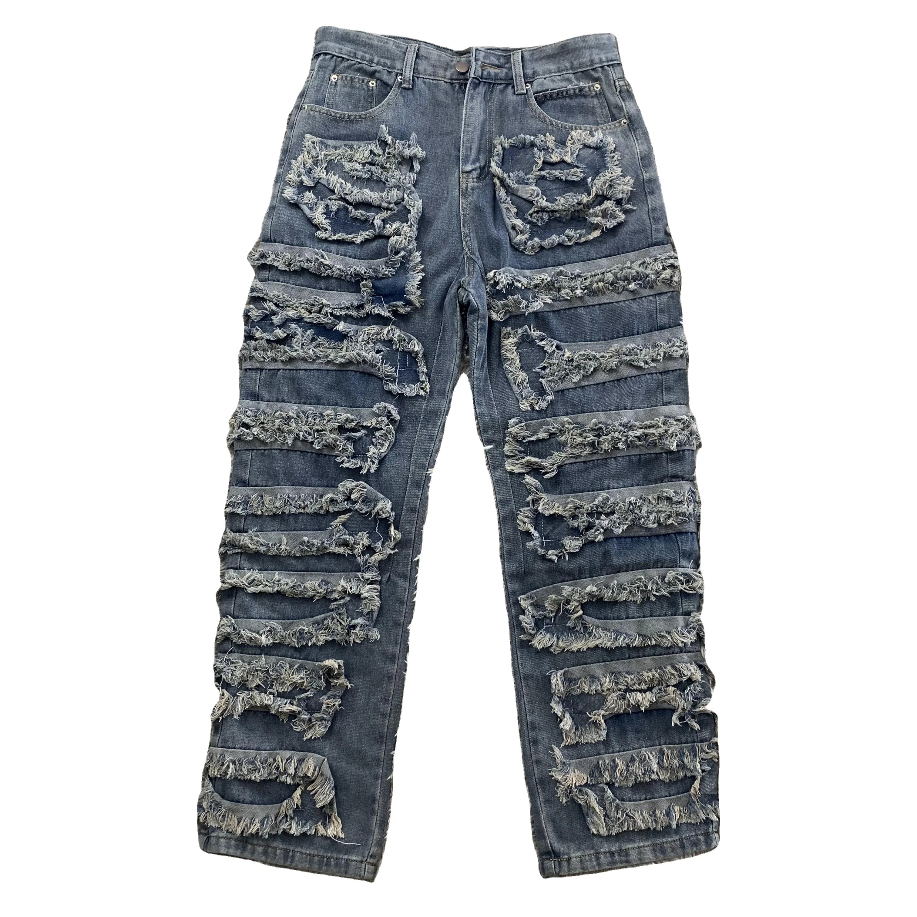 DENIMGUYS Original Men's Multi-Layered Pleated Jeans Street Casual Stretch Distressed Denim Stacked Jeans