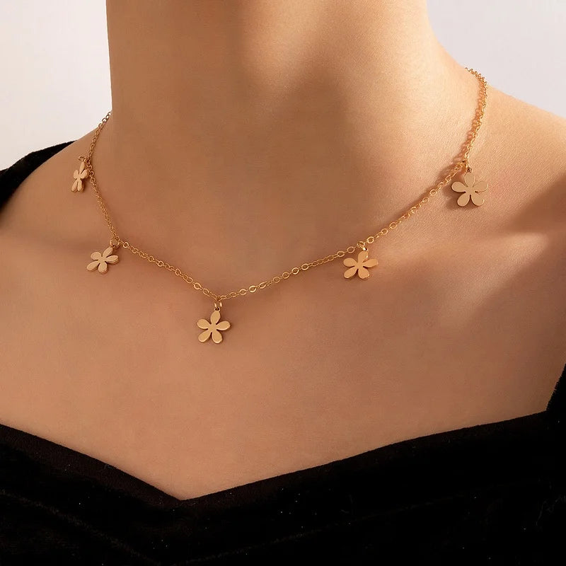 Bijoux Collar Hotsale Simple 5 Flowers Clavicle Chain Necklace 14k Gold Necklace Set Single Layer Gold Plated