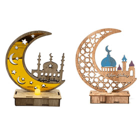 Handmade Wooden Moon Mosque Islamic Ramadan Table Decorations Muslim Eid Mubarak Crafts Night Light Ornaments Gift