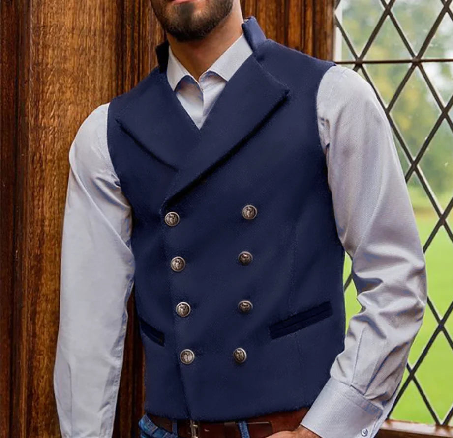 Green Dark Blue Men Vest Double Breasted Woven Autumn Formal Casual Slim Fit Mens Waistcoat Jacket High Quality