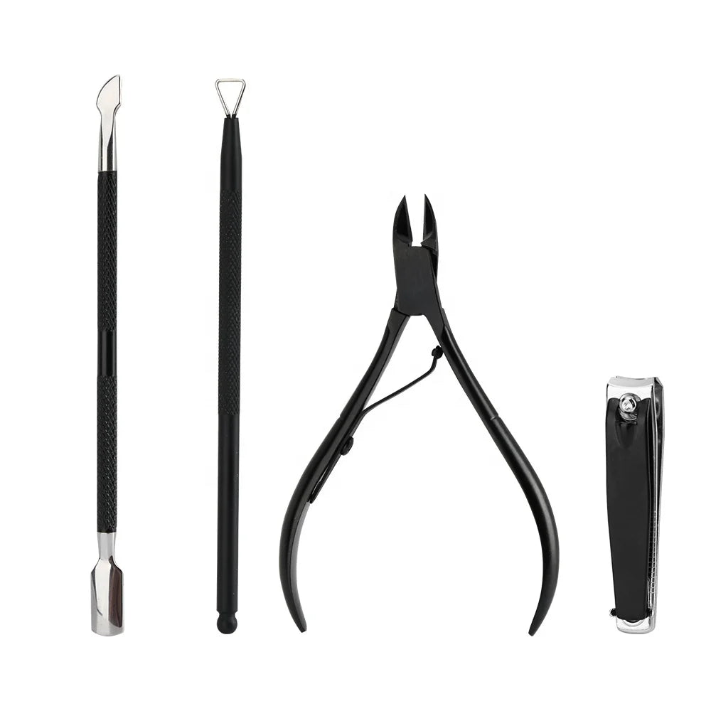 4PCS Black Stainless Steel Durable Manicure Pusher Cuticle Remover Cuticle Nippers Pedicure Set MegaBDM