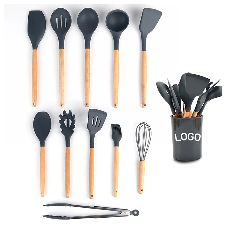 Wooden Handles Heat-resistant Non Stick Eco-Friendly Colorful Silicone Kitchen Utensils Set Cooking Accessories