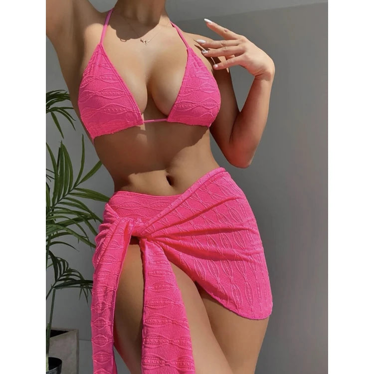 New Backless Lace up Three Piece Swimsuit Solid Color Swimwear High Waist Bikini Set