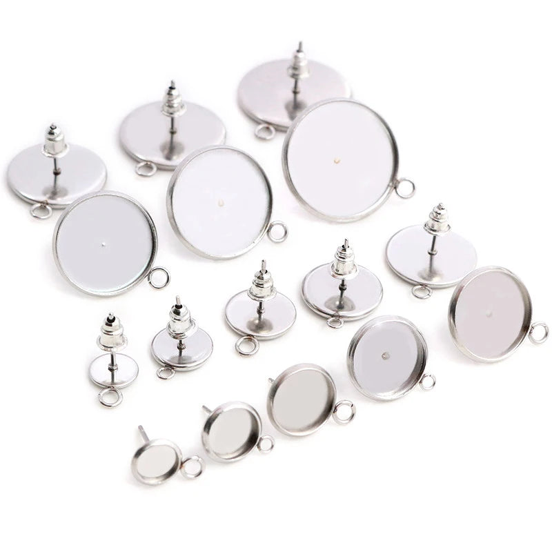 10-20pcs 6/8/10/12/14/16/18/20mm No Fade Stainless Steel Earring Studs Blank BaseFit 6-20mm Glass Cabochons Earring Bezel Trays MegaBDM
